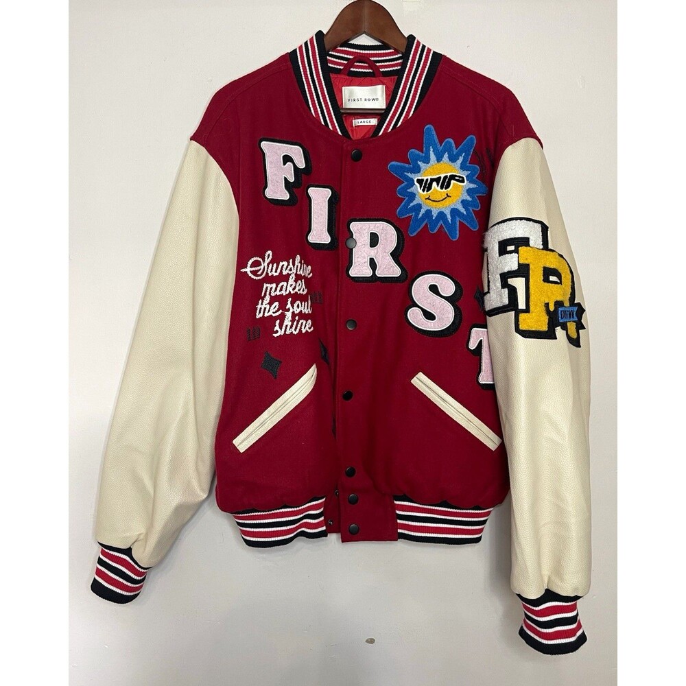 First Row Varsity Jacket women’s L Red White Graphic Embroidered Logo Patches